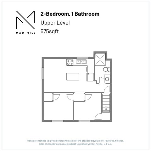 Floor plan for 2 beds, 1 bath, 575 sqft